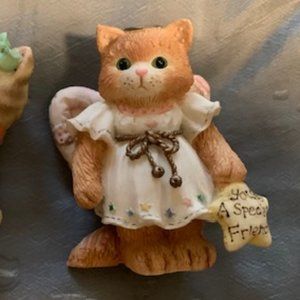 Set of Two 1990s Enesco CALICO KITTENS Figurines, Friendship Angel & Shopper